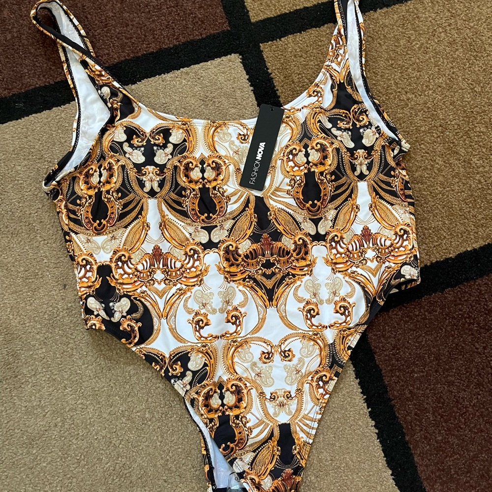 Fashion Nova Black and Gold One Piece Swimsuit